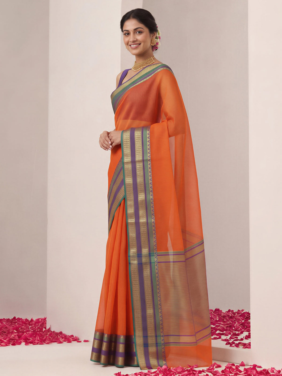 Orange kota doria cotton saree view 2