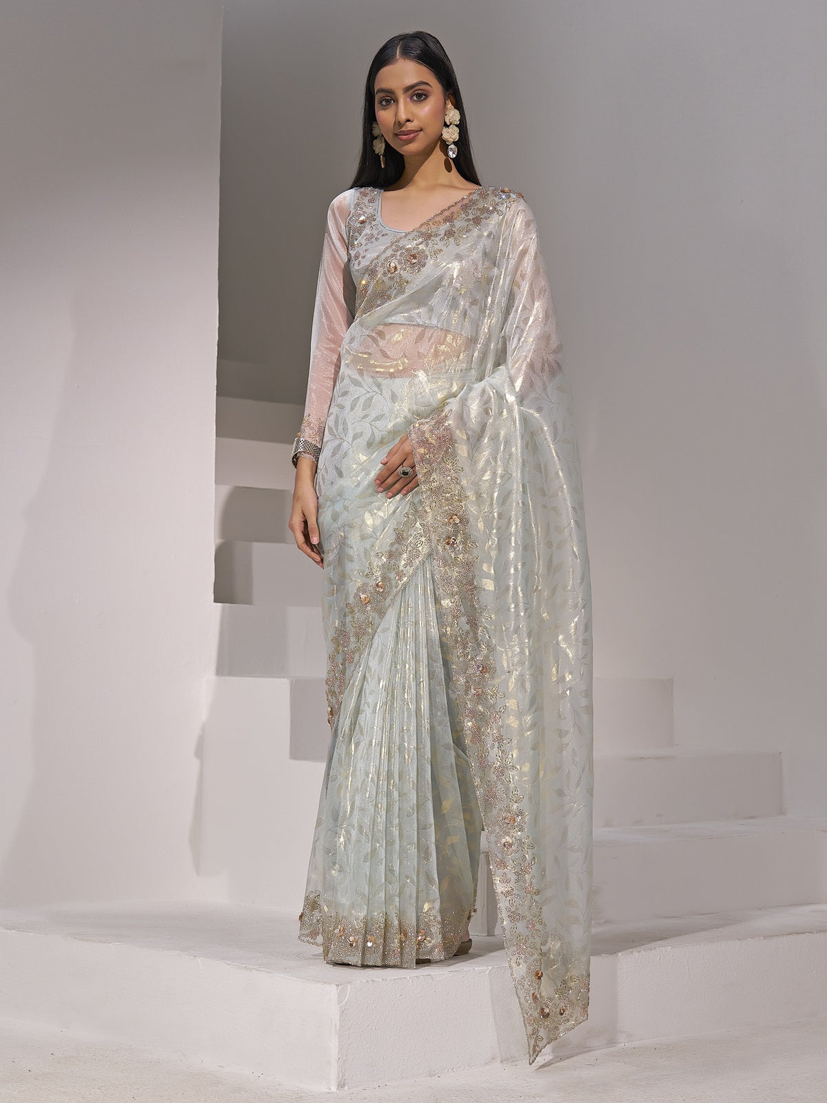 Light Blue applique organza saree with light blue blouse piece