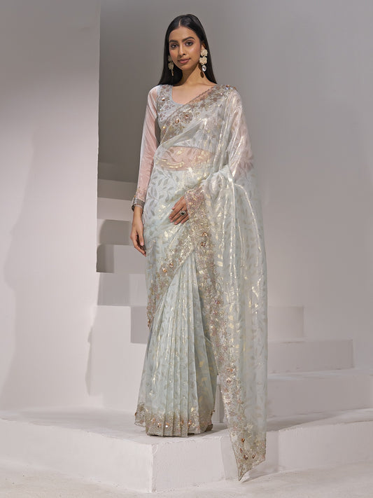 Light Blue applique organza saree with light blue blouse piece