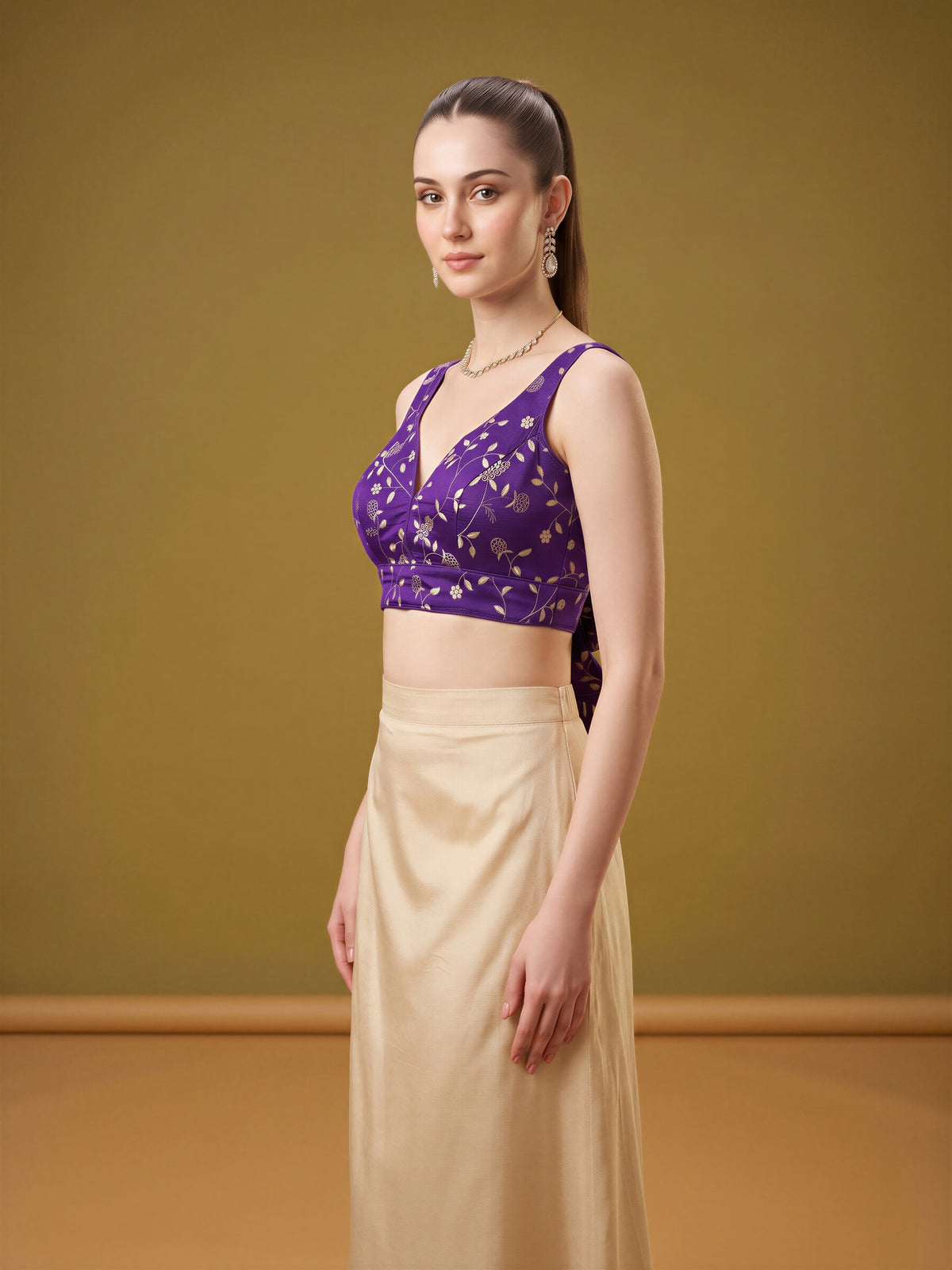 Violet sequin embellished silk blend sleeveless readymade saree blouse with v neck view 2