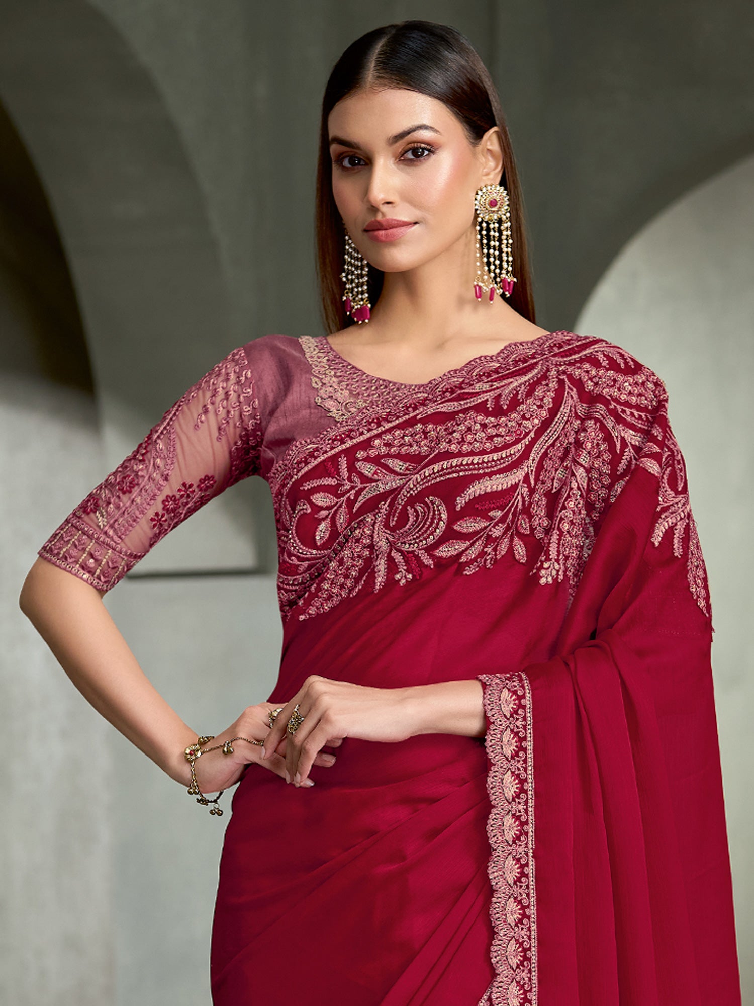 Red Satin Silk saree – detail view 2