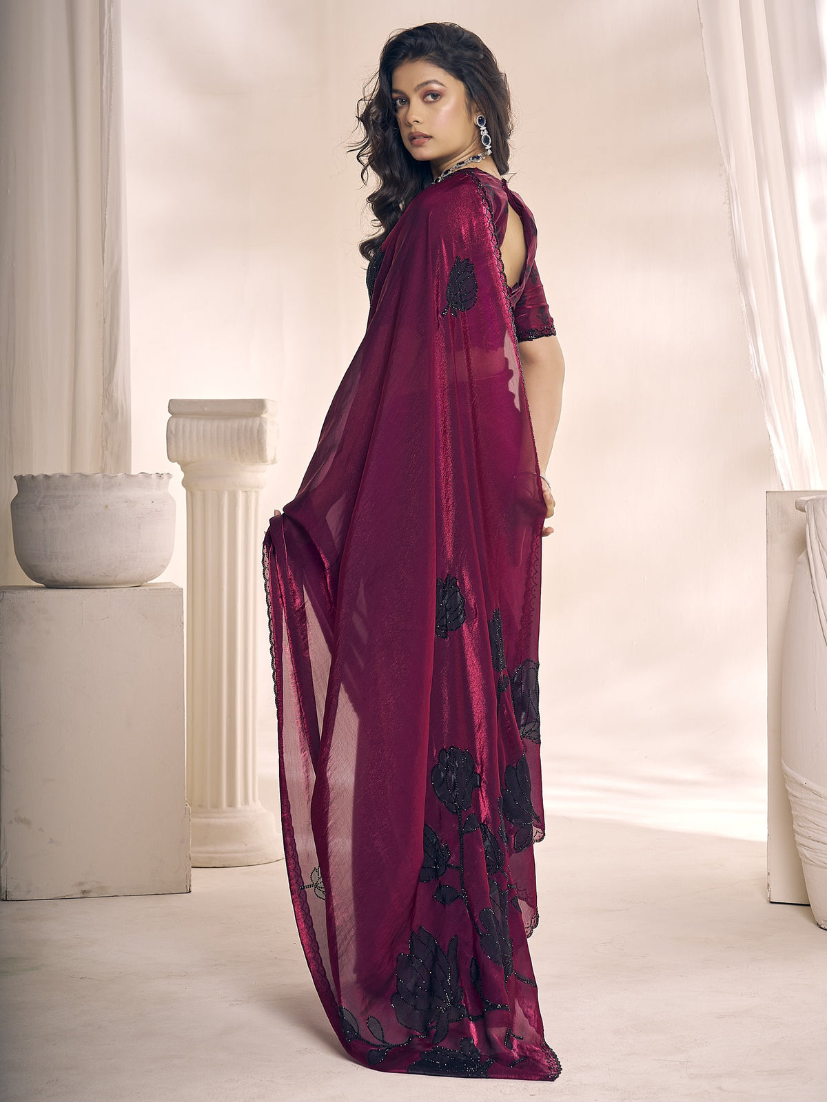 Magenta satin silk saree view 2