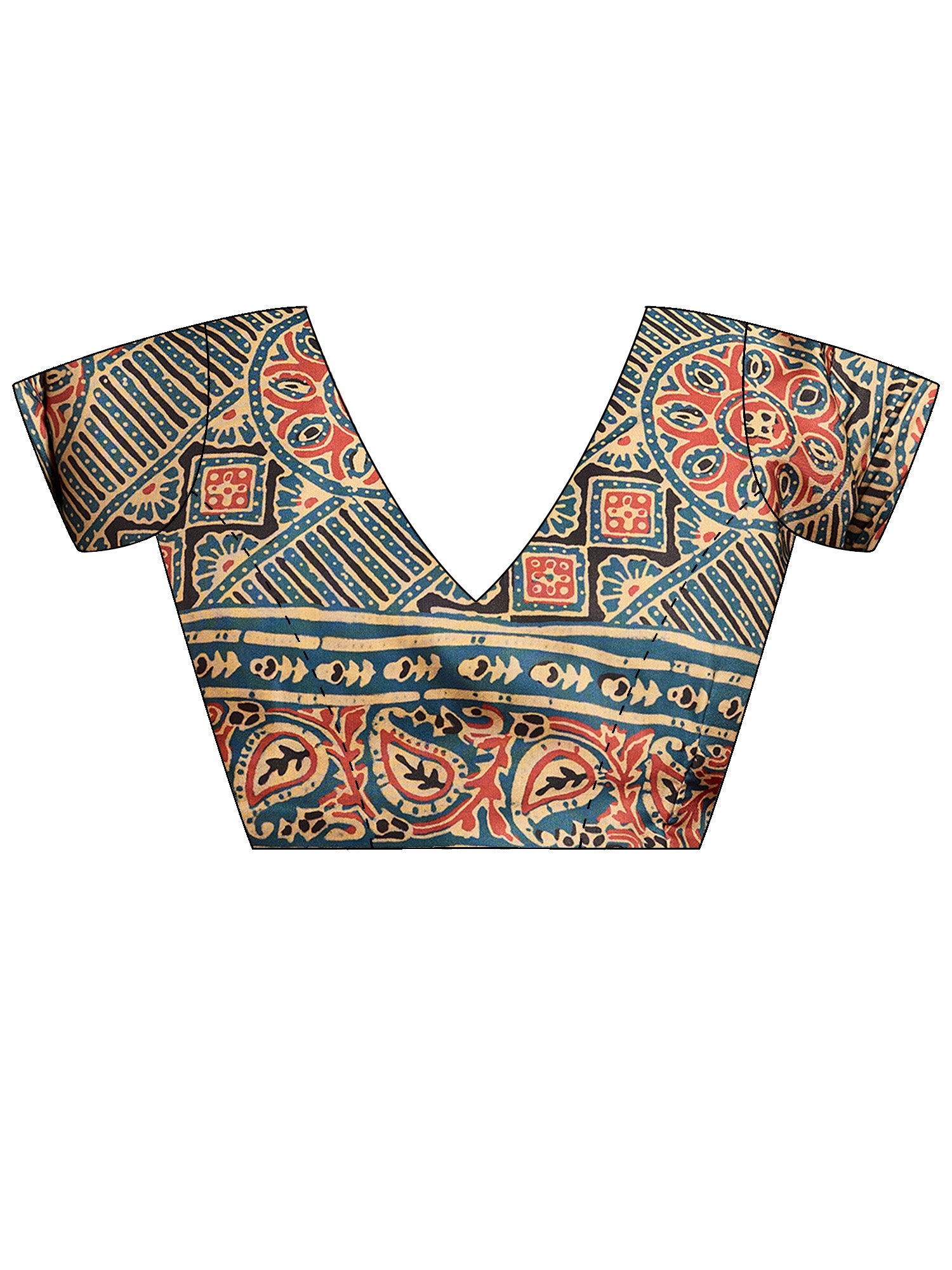 Unstitched teal blue silk blend blouse piece with ethnic motif design