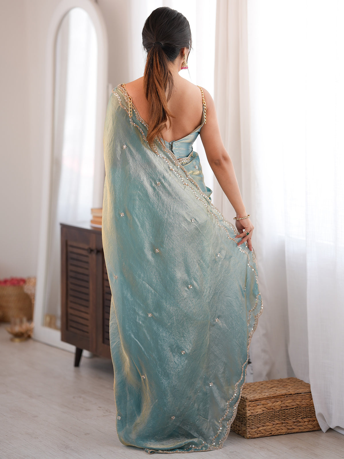 Light Blue Satin Silk saree – detail view 1
