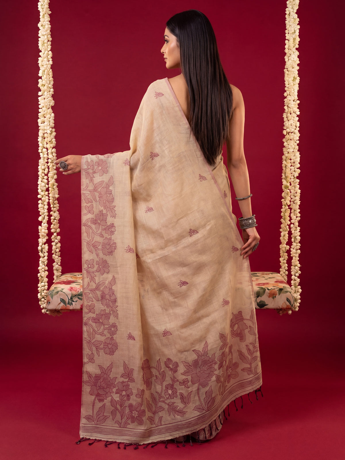 Cream Chanderi Cotton saree – detail view 1