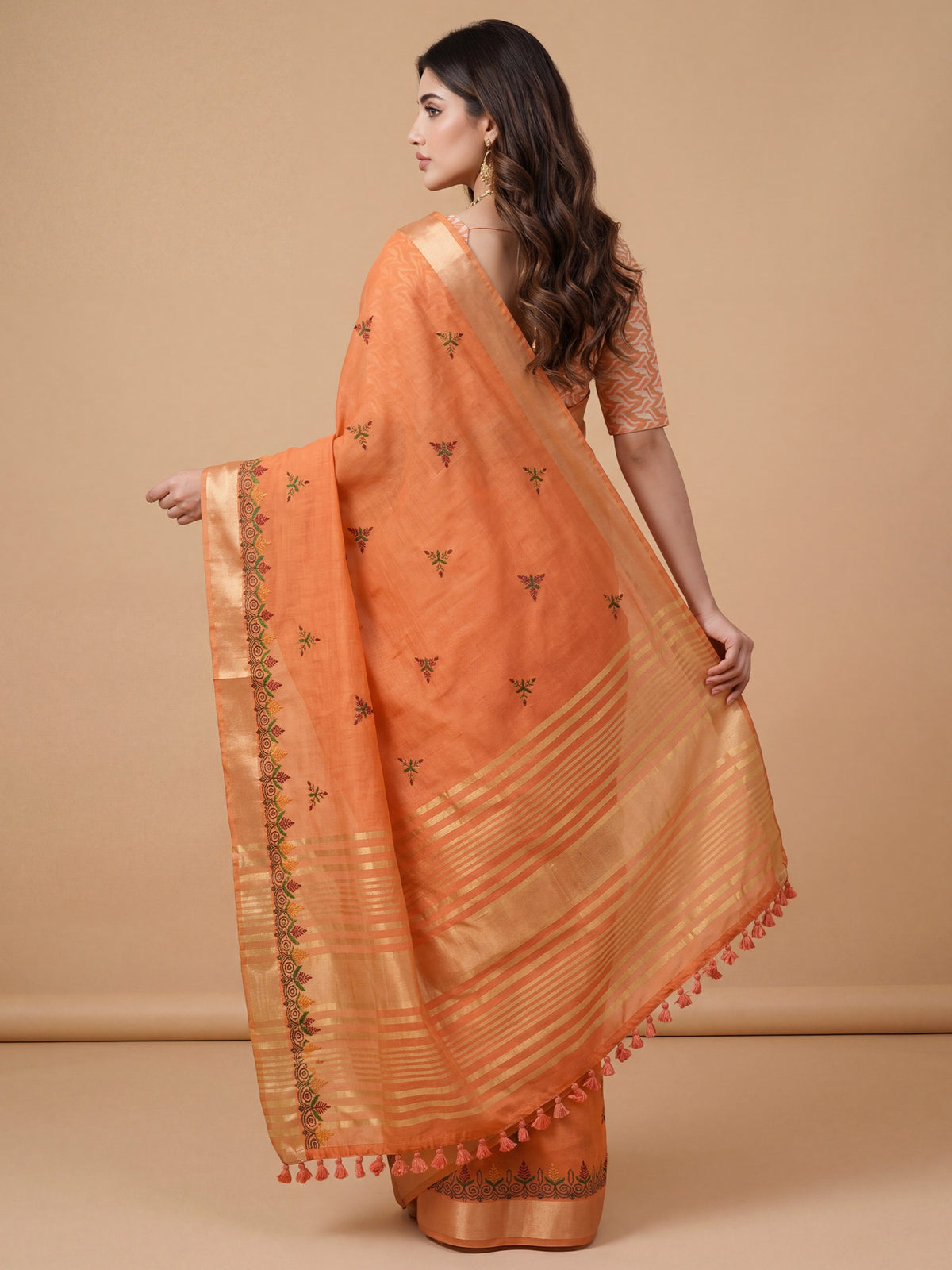 Orange Cotton Linen saree – detail view 1