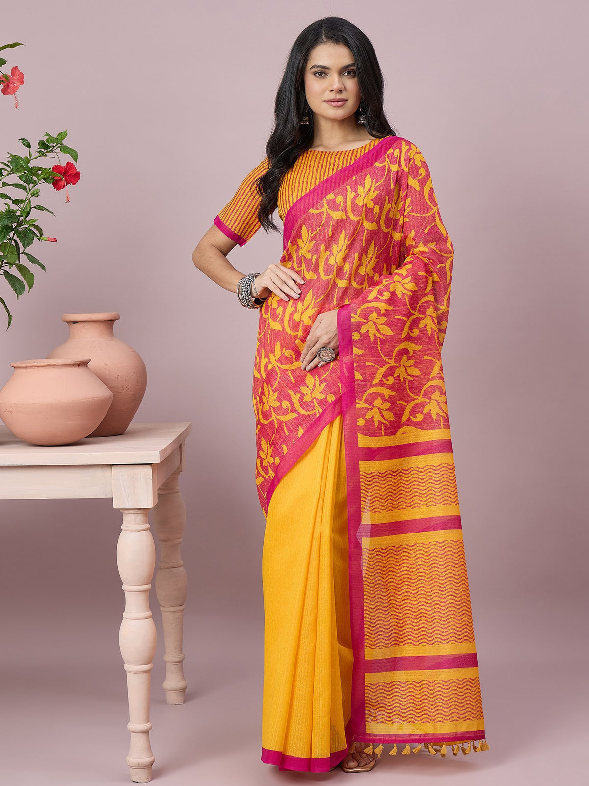 Mustard floral cotton slub saree with magenta blouse piece