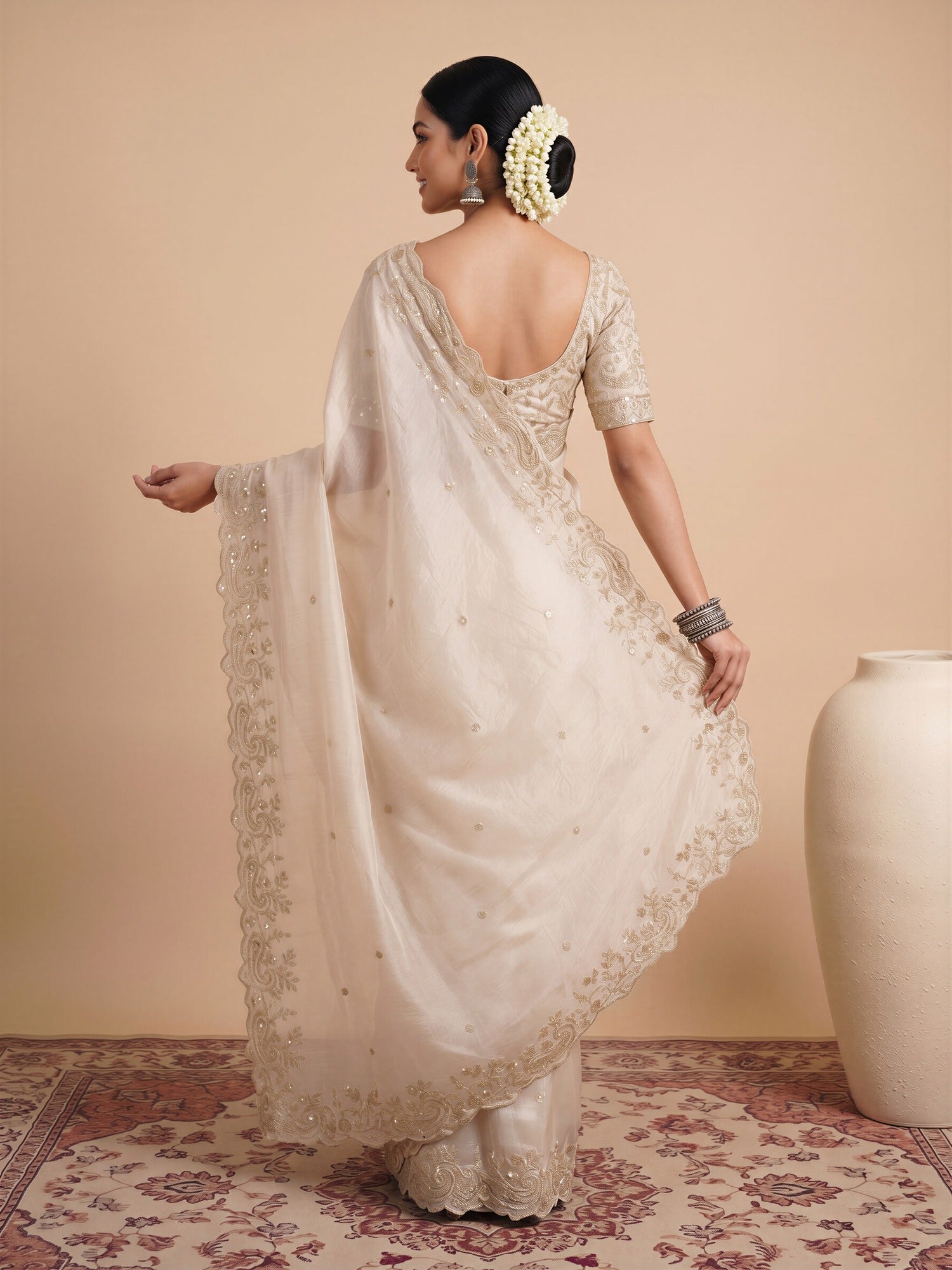 Off White Satin saree – detail view 1