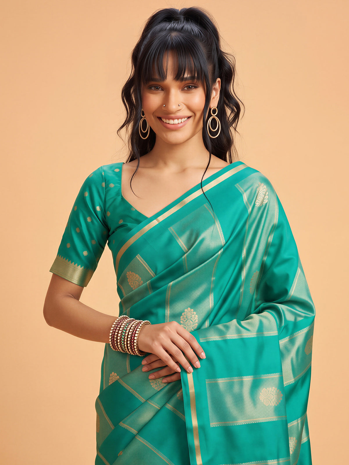 Teal Green Satin saree – detail view 4
