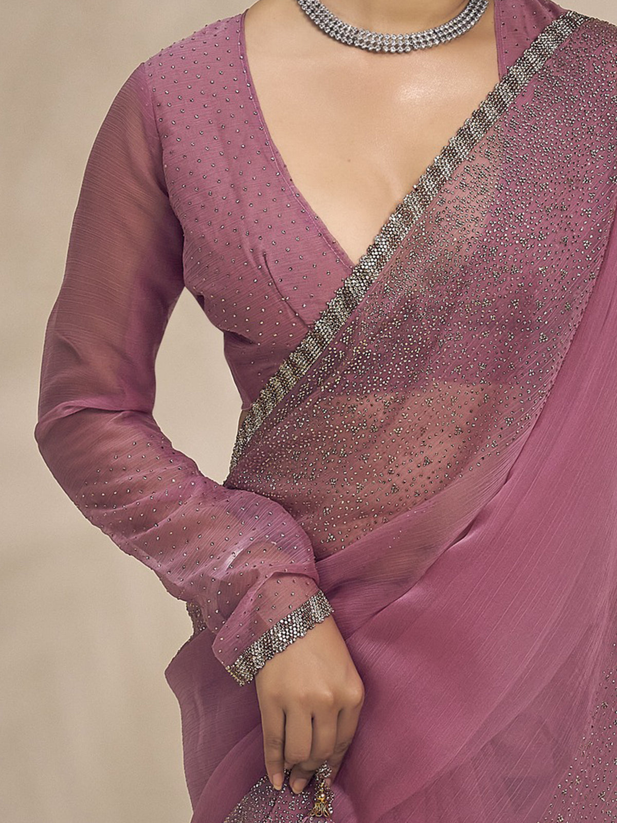 Unstitched mauve chiffon blouse piece with embellished design