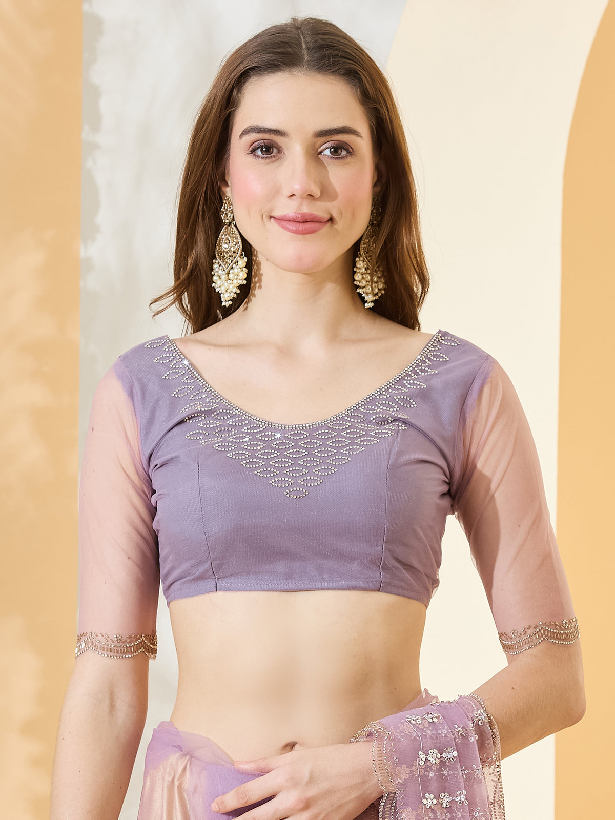Unstitched lavender net blouse piece with embellished design