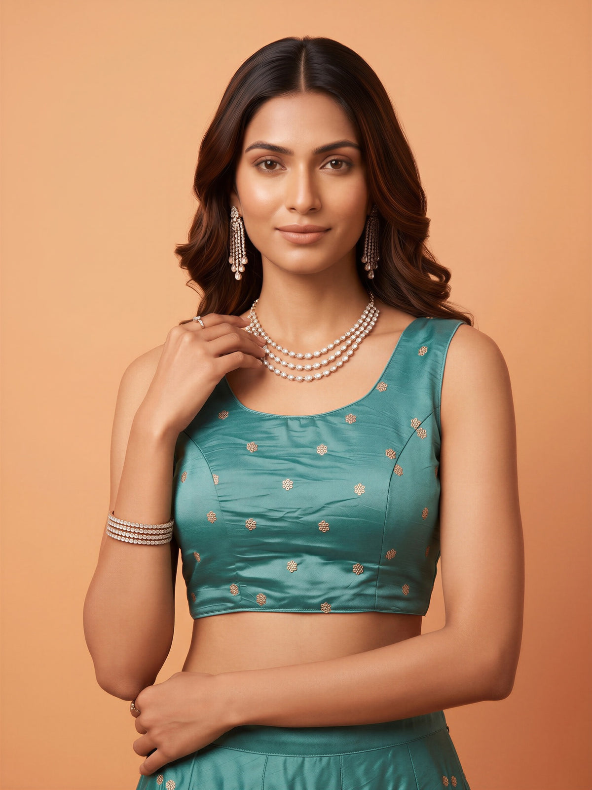 Turquoise Blue sequin embellished chinnon sleeveless readymade saree blouse with round neck view 2
