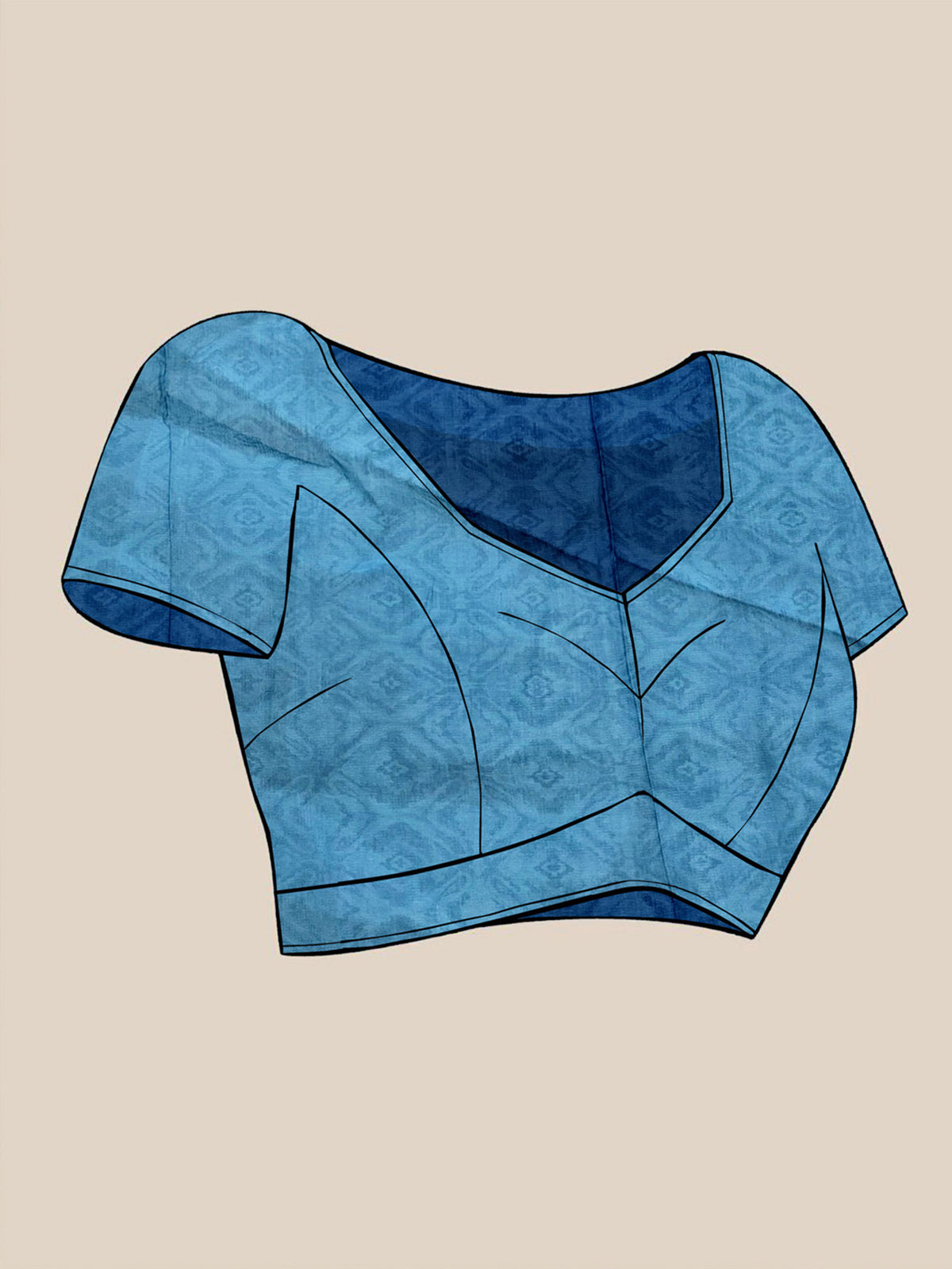 Unstitched blue cotton linen blouse piece with ethnic motif design