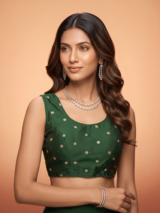 Green sequin embellished chinnon sleeveless readymade saree blouse with round neck view 1