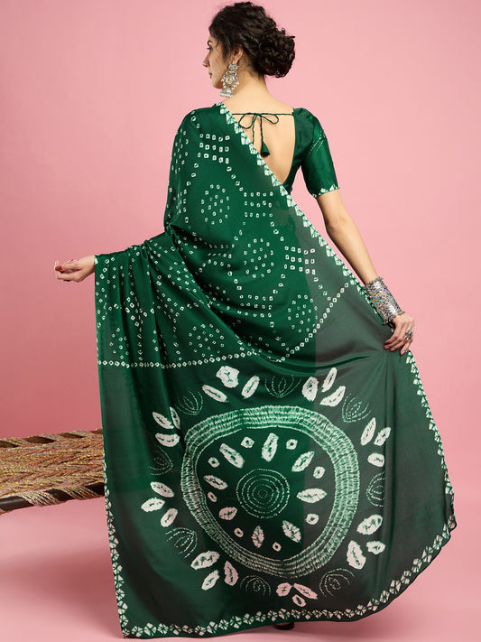 Dark Green Shibori Pattern Designer Crepe Saree