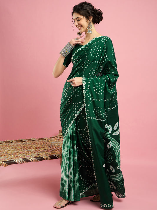 Dark Green Shibori Pattern Designer Crepe Saree