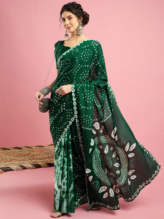 Dark Green Shibori Pattern Satin Silk Saree