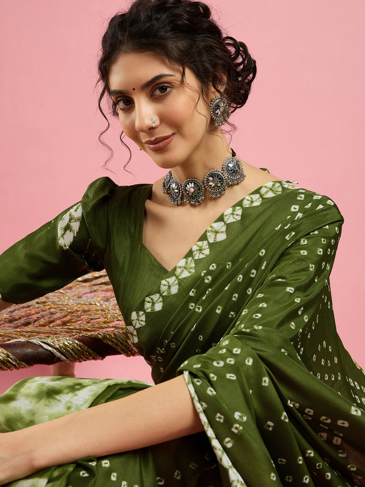 Forest Green silk Bandhnai Saree