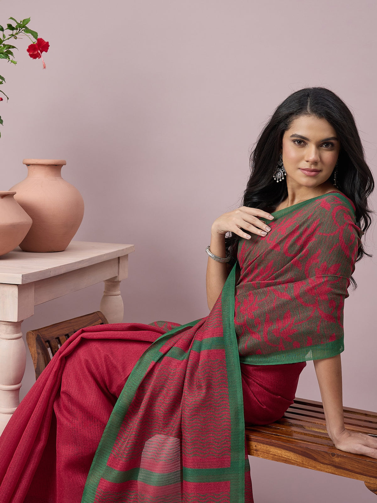 Green cotton slub saree view 6