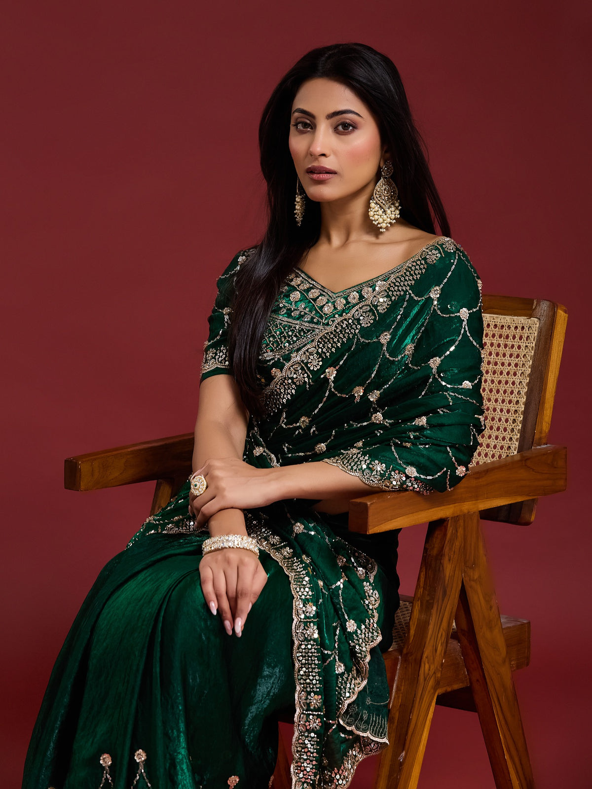 Green Satin saree – detail view 2