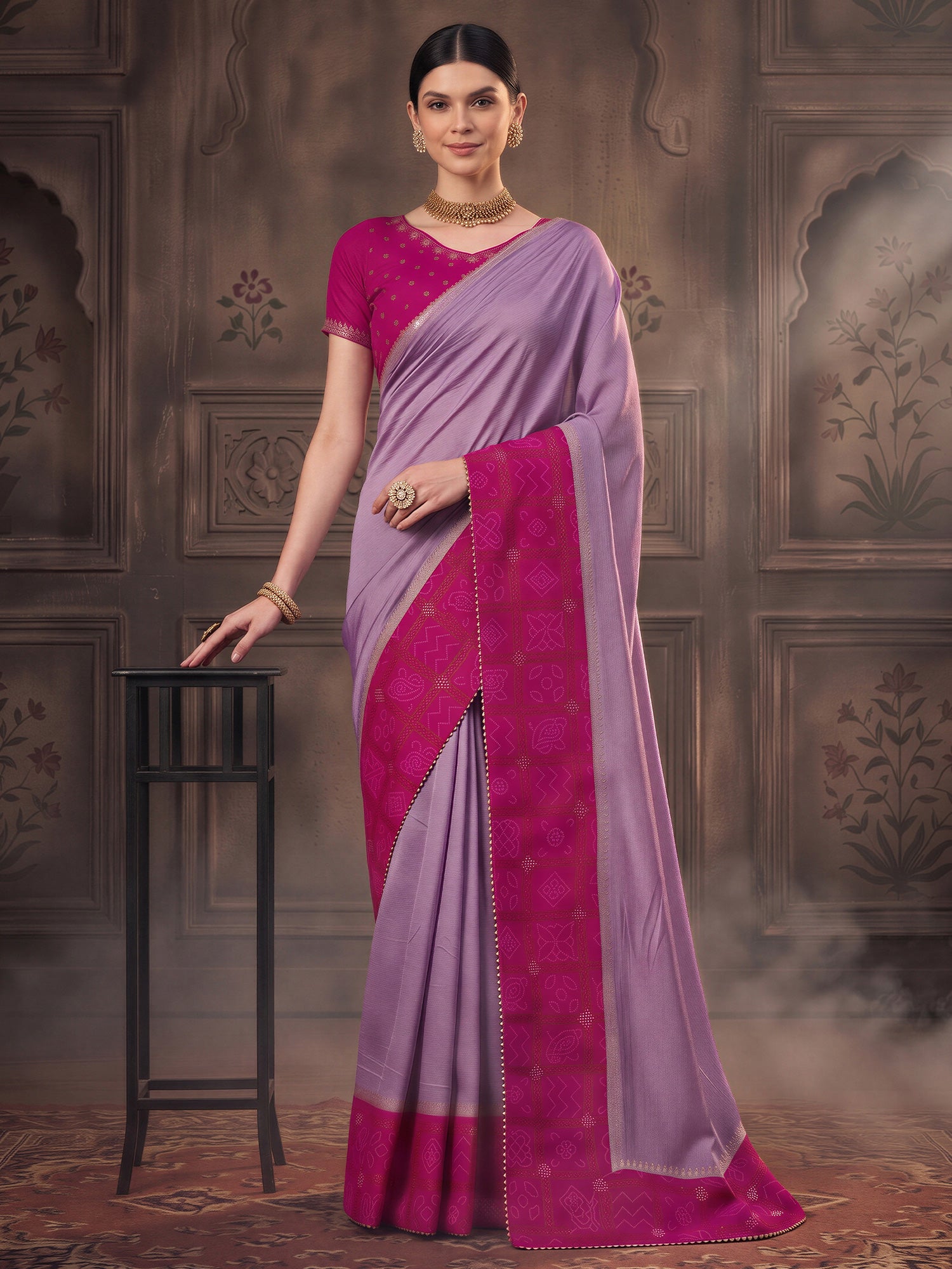 Lavender Vichitra Silk saree – detail view 3