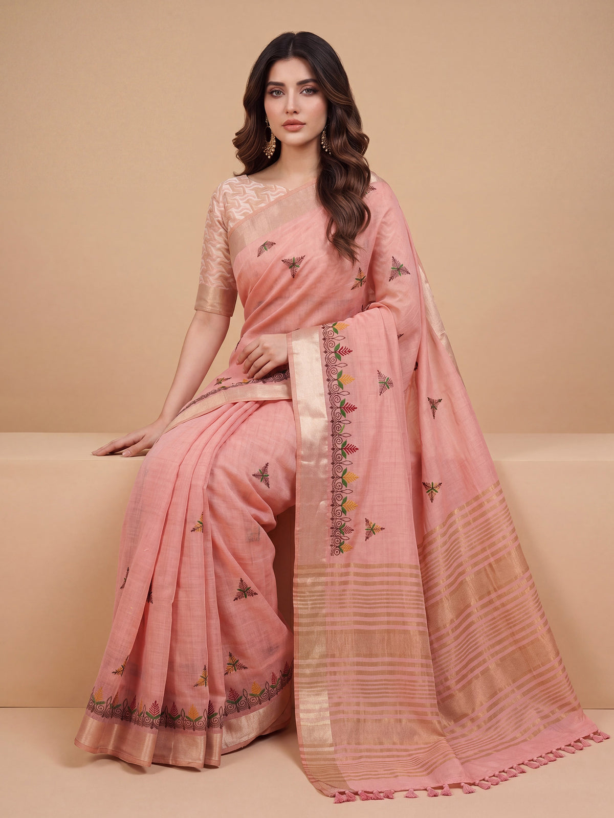 Pink Cotton Linen saree – detail view 3