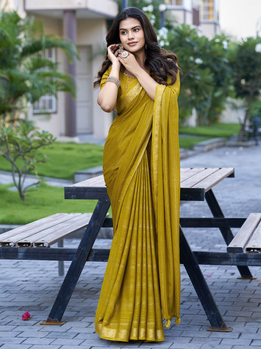 Olive striped jacquard saree with olive blouse piece