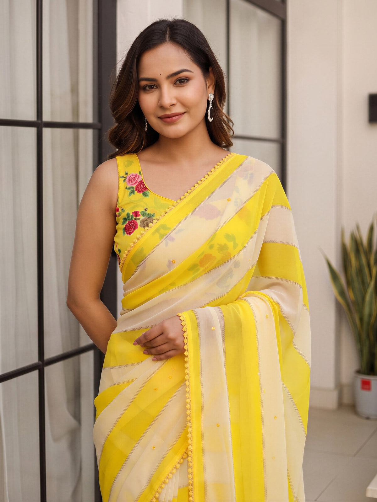 Yellow georgette saree view 4