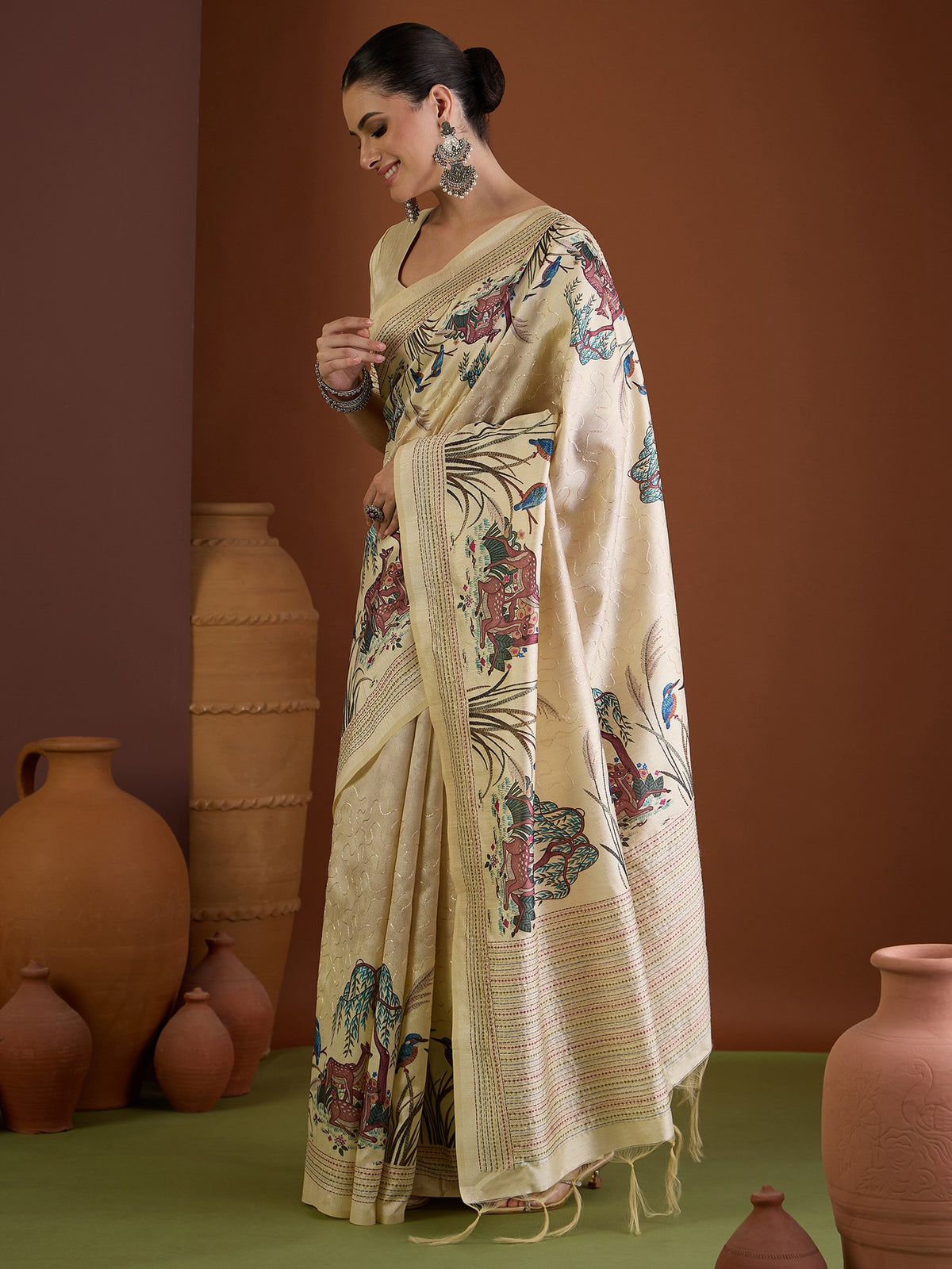 Cream art silk saree view 3