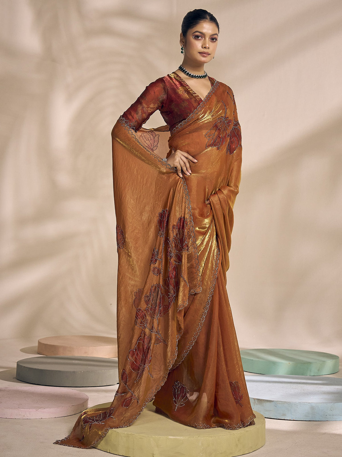 Bronze satin silk saree view 2
