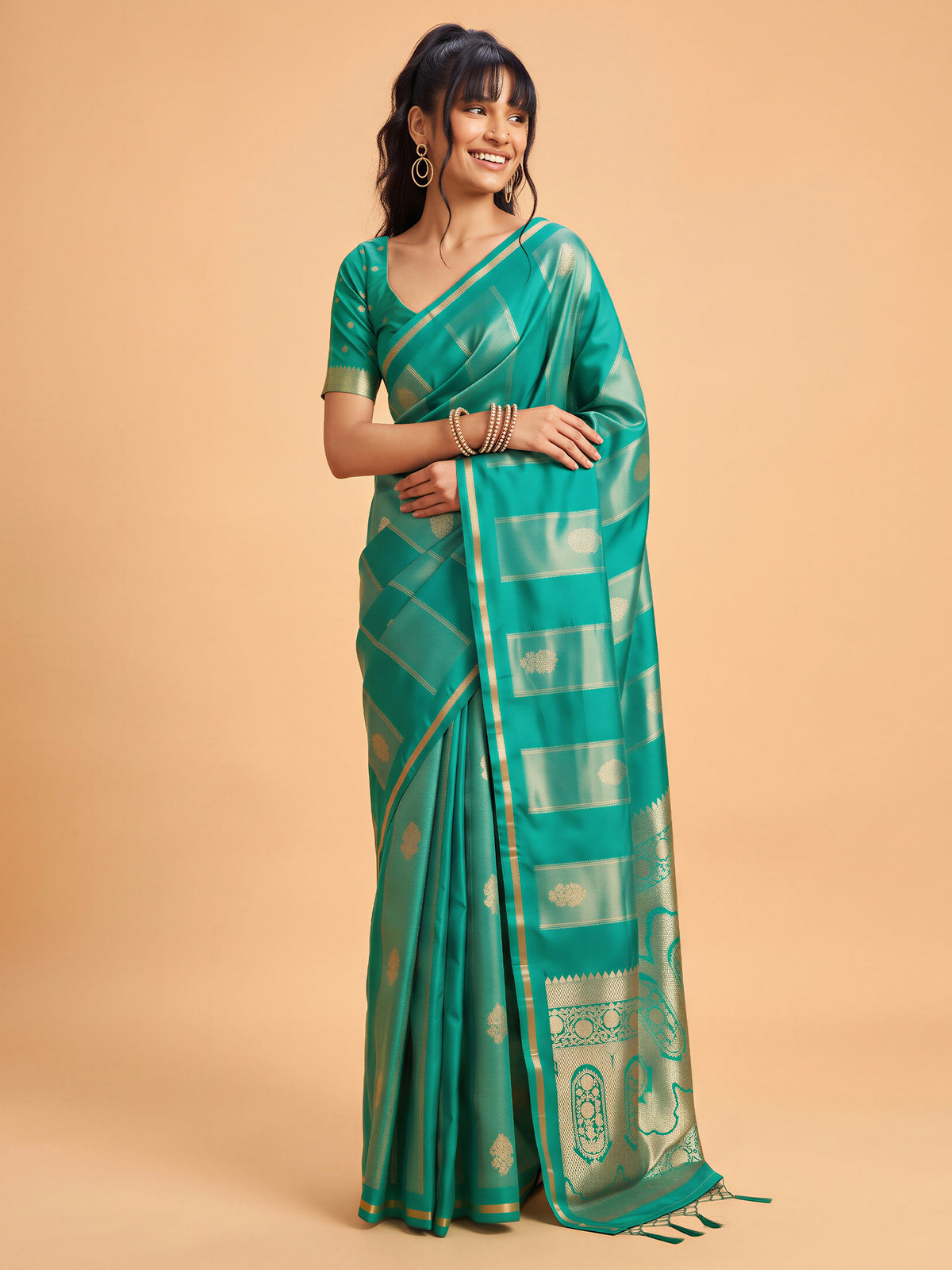 Teal Green Satin saree – detail view 3