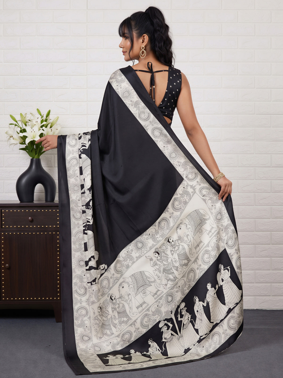 Black Satin saree – detail view 1