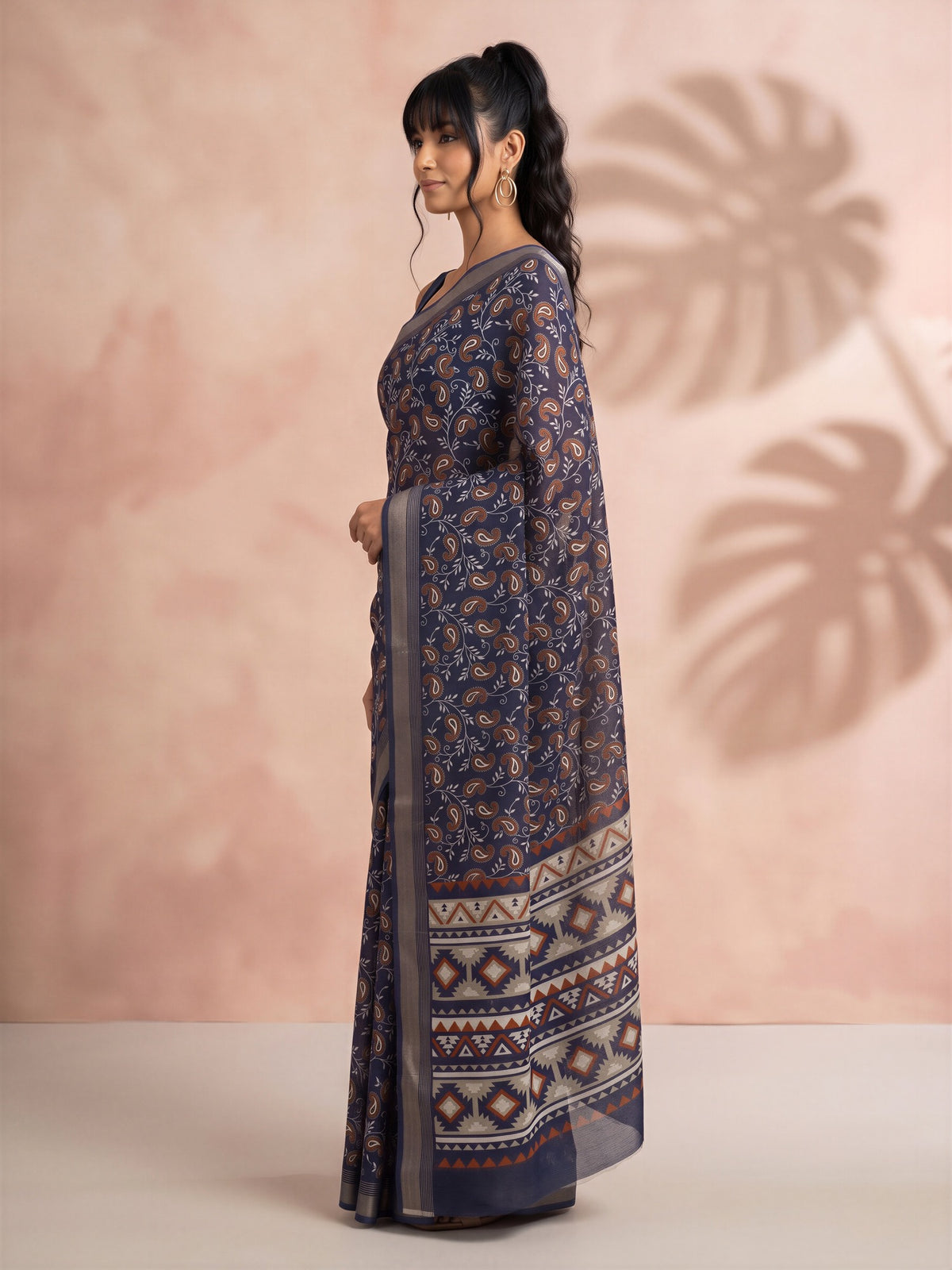 Navy Blue Cotton Linen saree – detail view 2