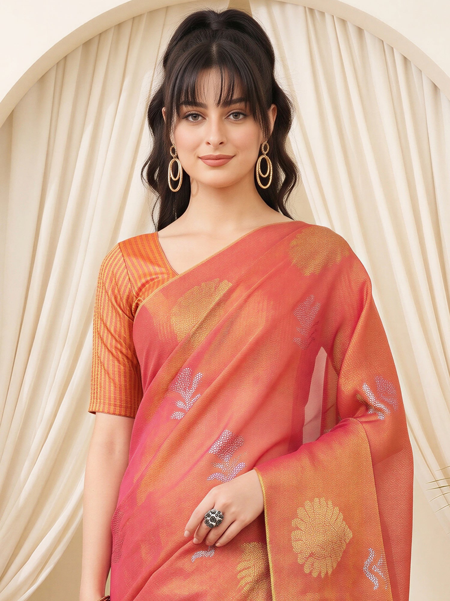 Orange Linen saree – detail view 4