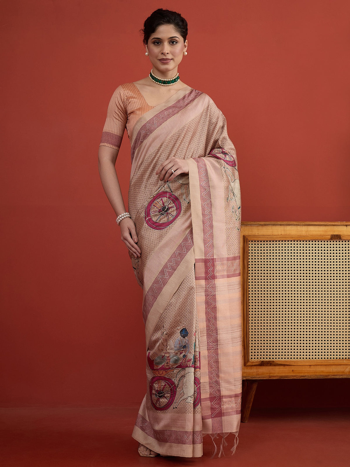 Peach ethnic motif art silk saree with peach blouse piece