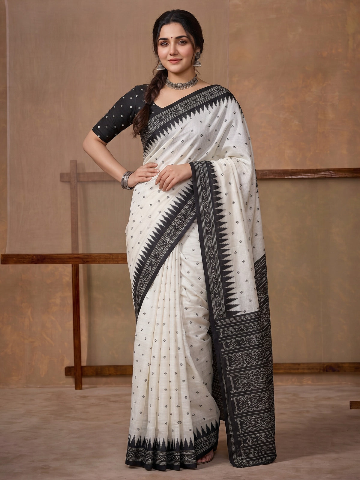 Off White ethnic motif tussar silk saree with black blouse piece
