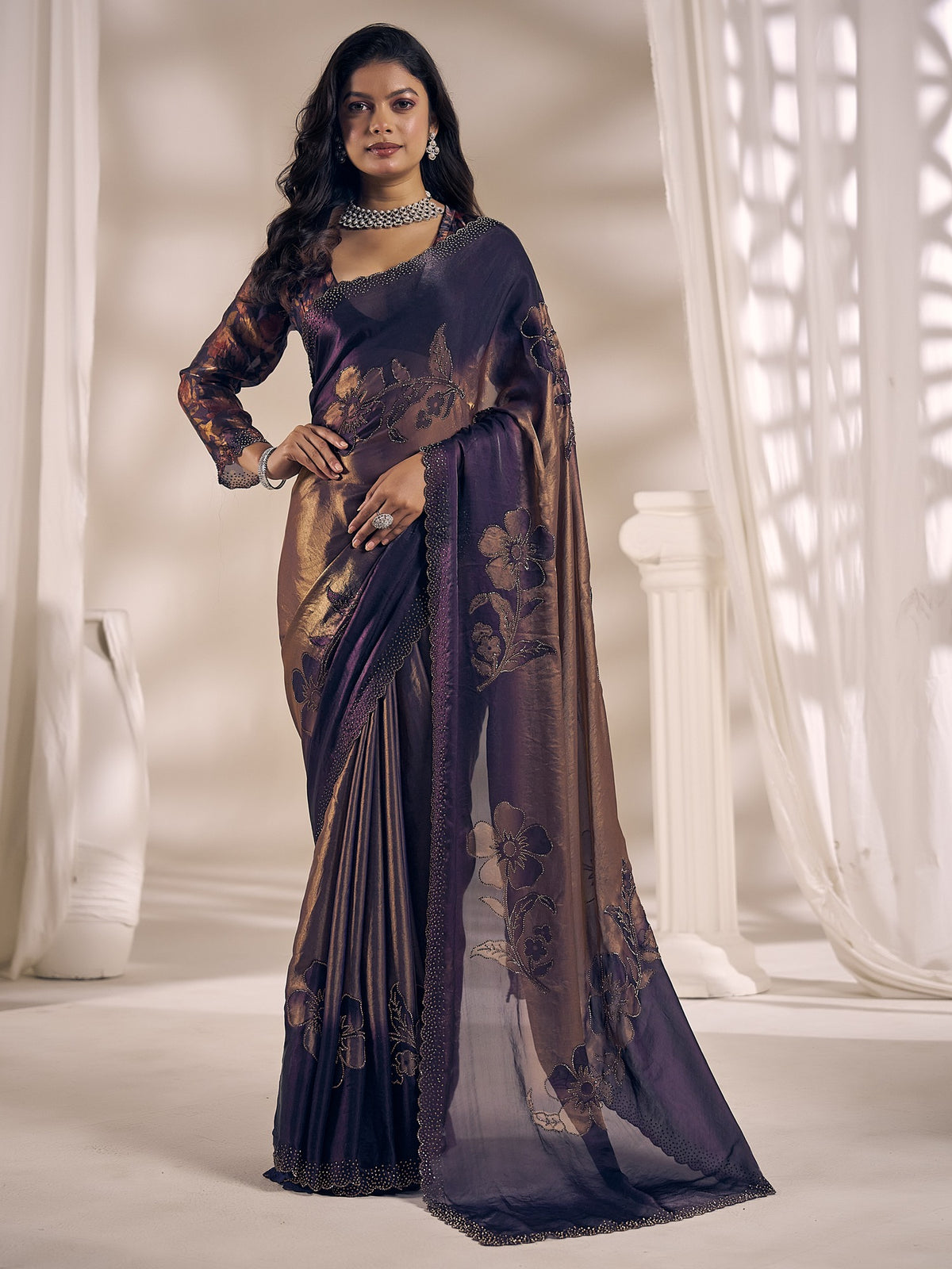 Purple embellished satin silk saree with purple blouse piece