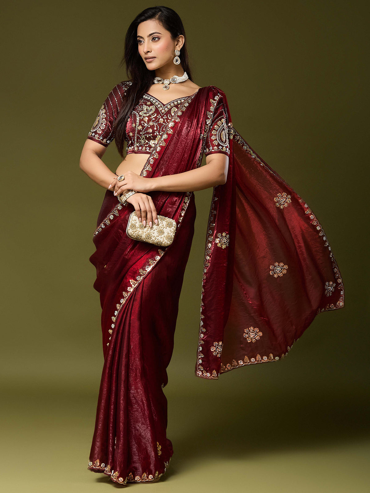 Maroon Satin Silk saree – detail view 2