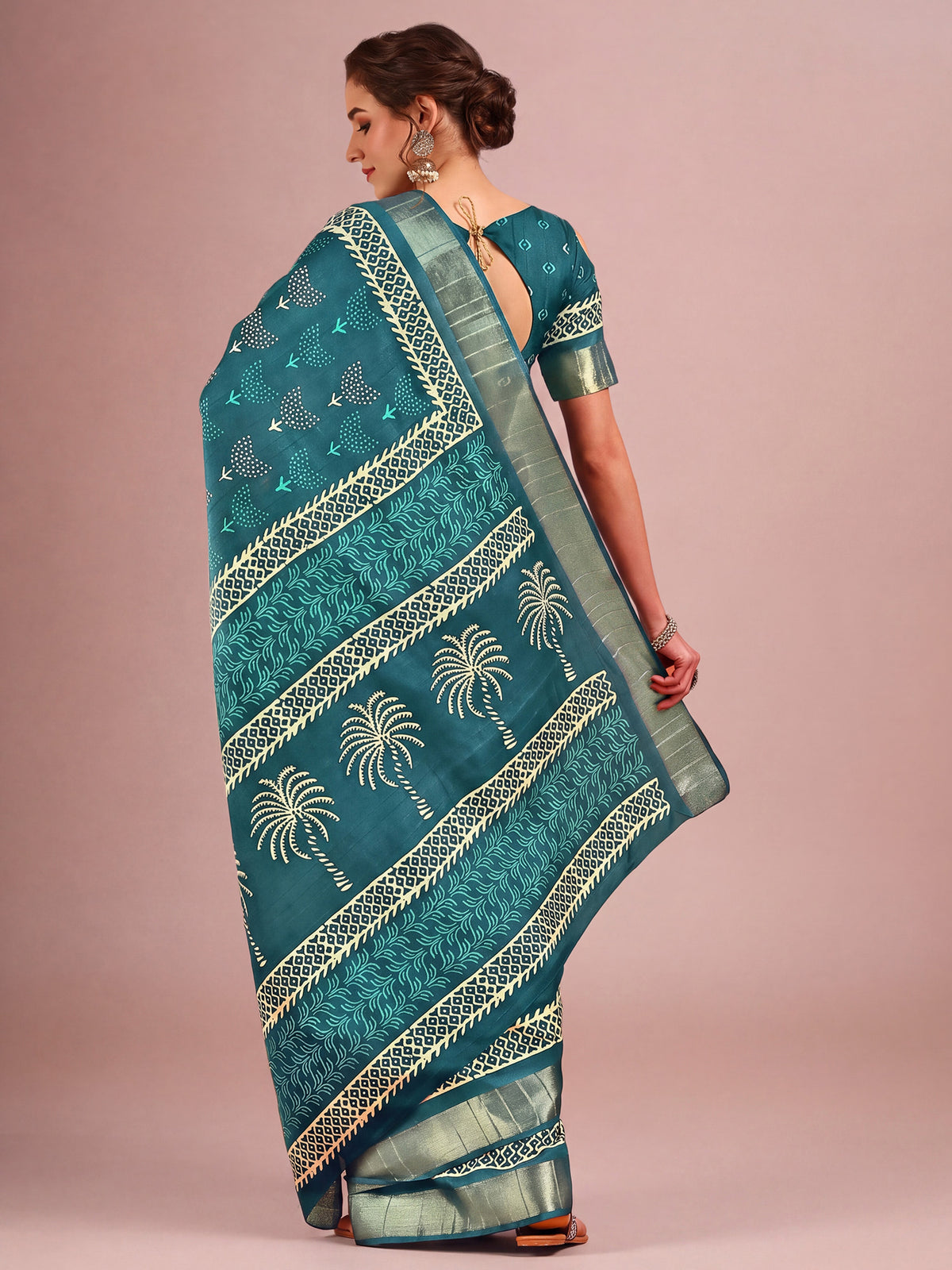 Teal Blue Cotton Silk saree – detail view 1