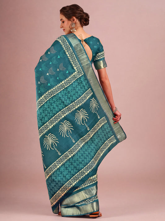 Teal Blue Cotton Silk saree – detail view 1