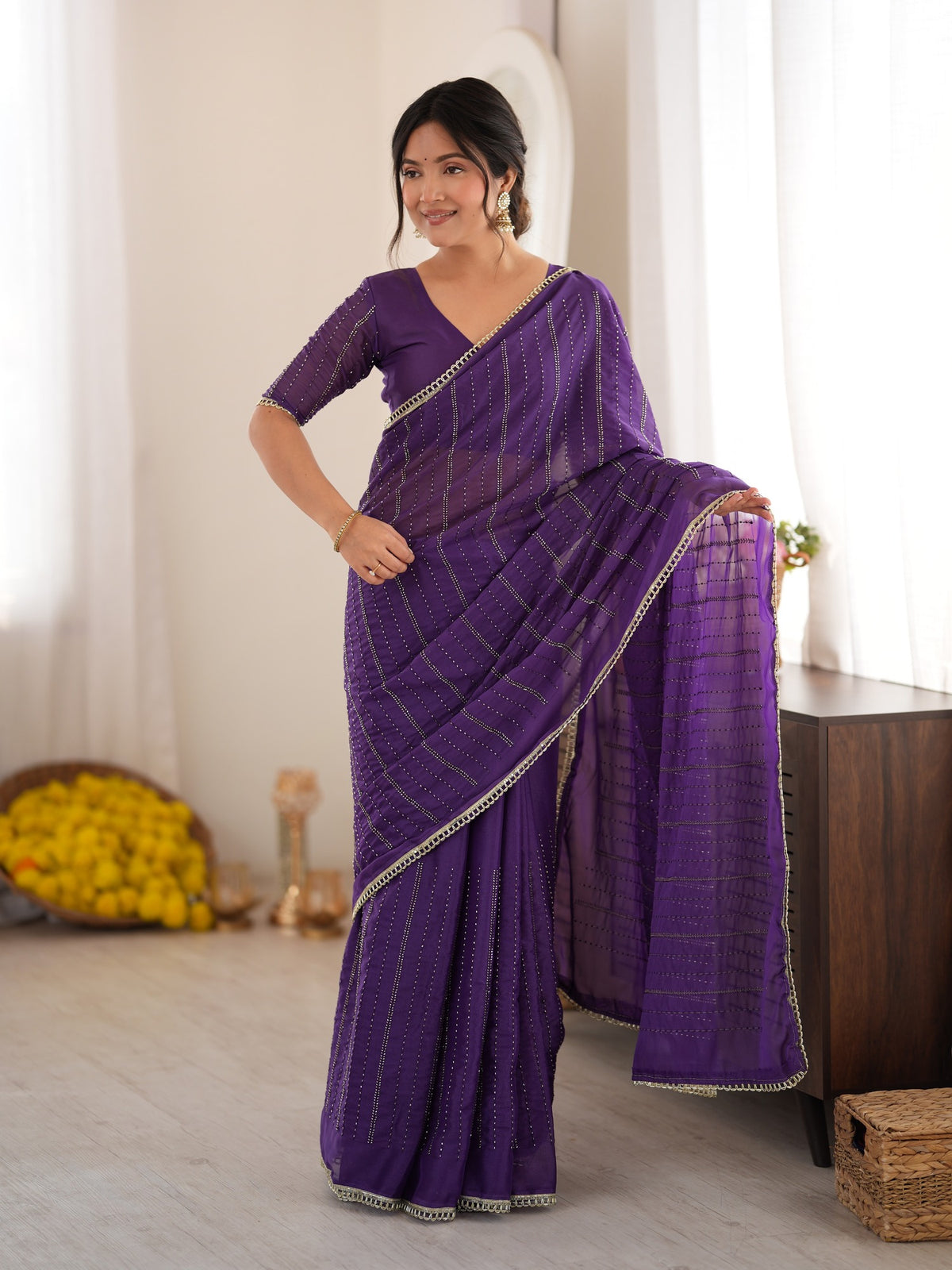 Violet Georgette saree – detail view 3