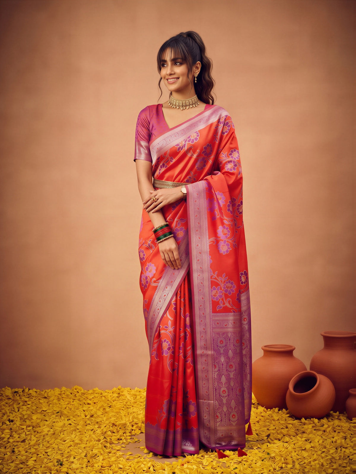Red Satin Silk saree – detail view 3
