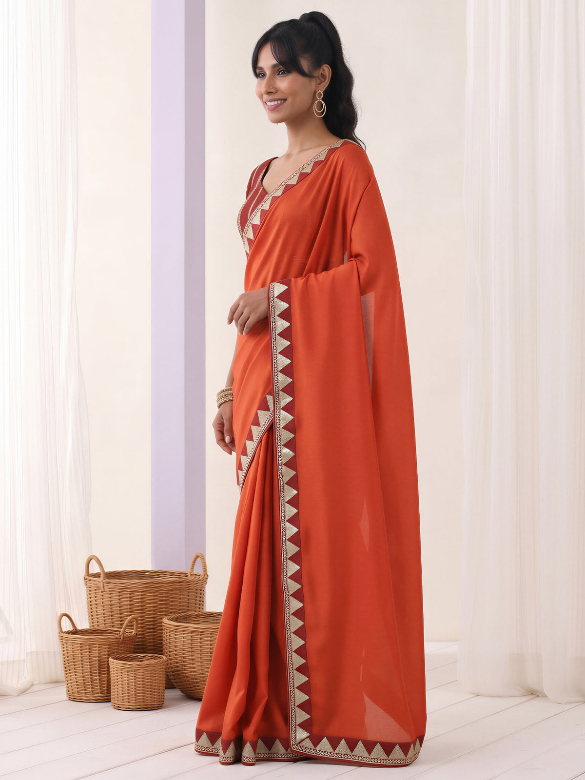 Rust Vichitra Silk saree – detail view 2