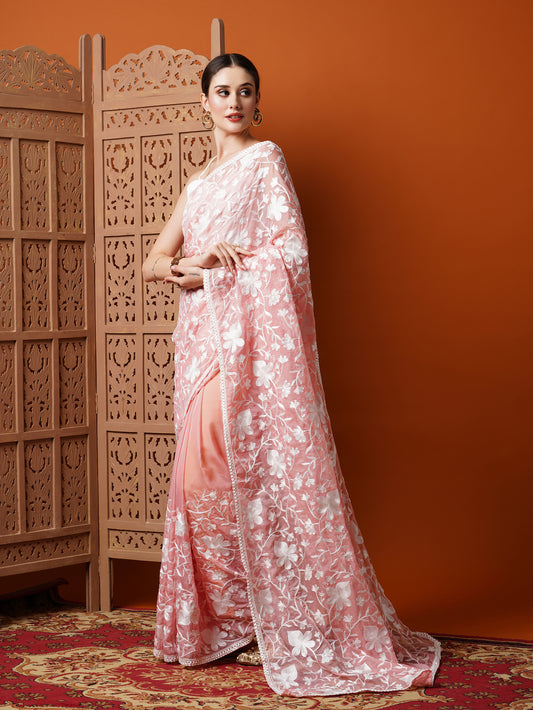 Pink Floral Organza Saree with White Thread Embroidery