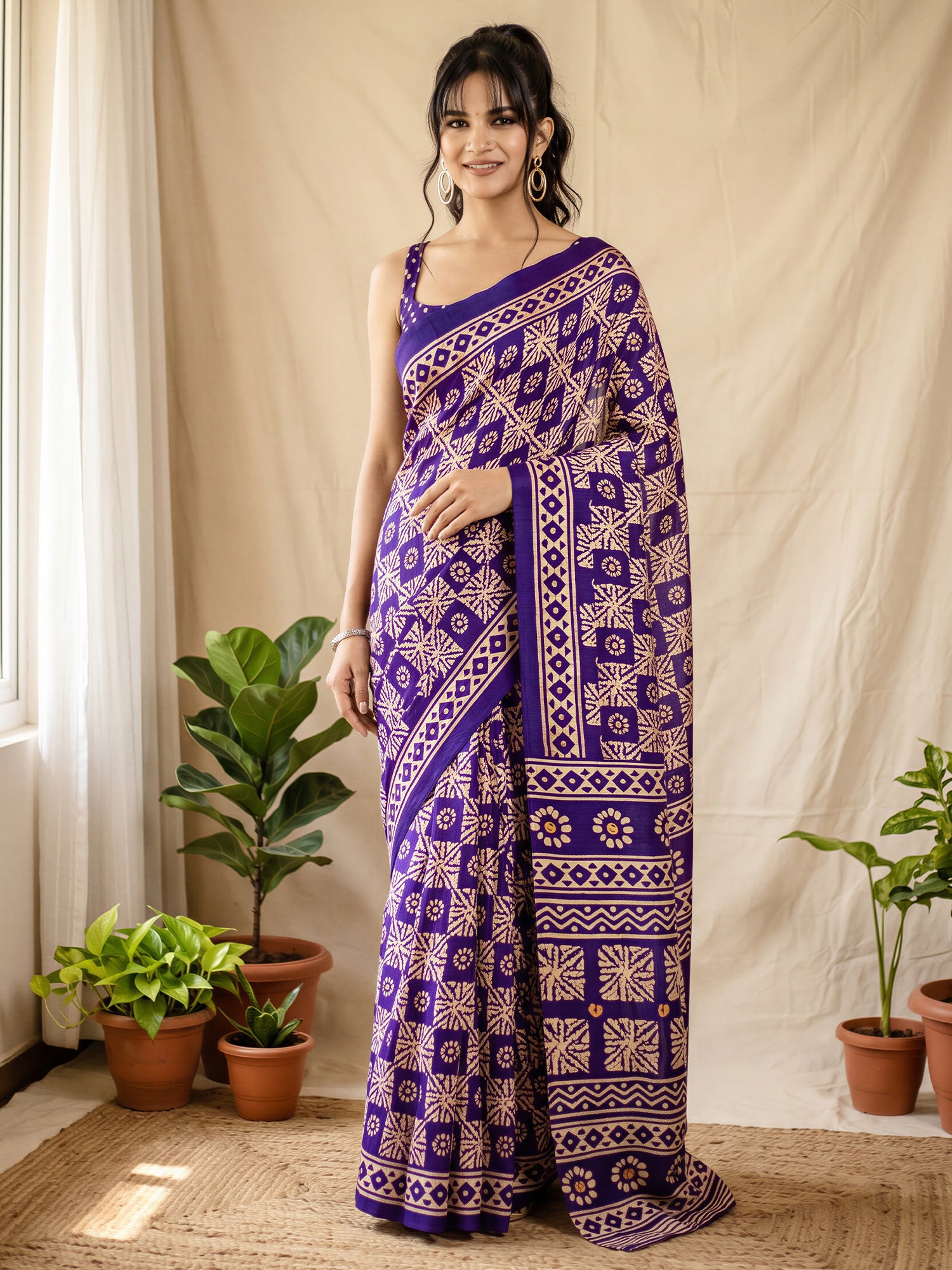 Woman wearing purple cotton blend saree with batik wax-resist design and purple blouse