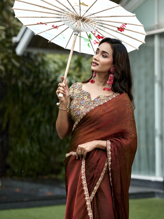 Brown chiffon saree view 1