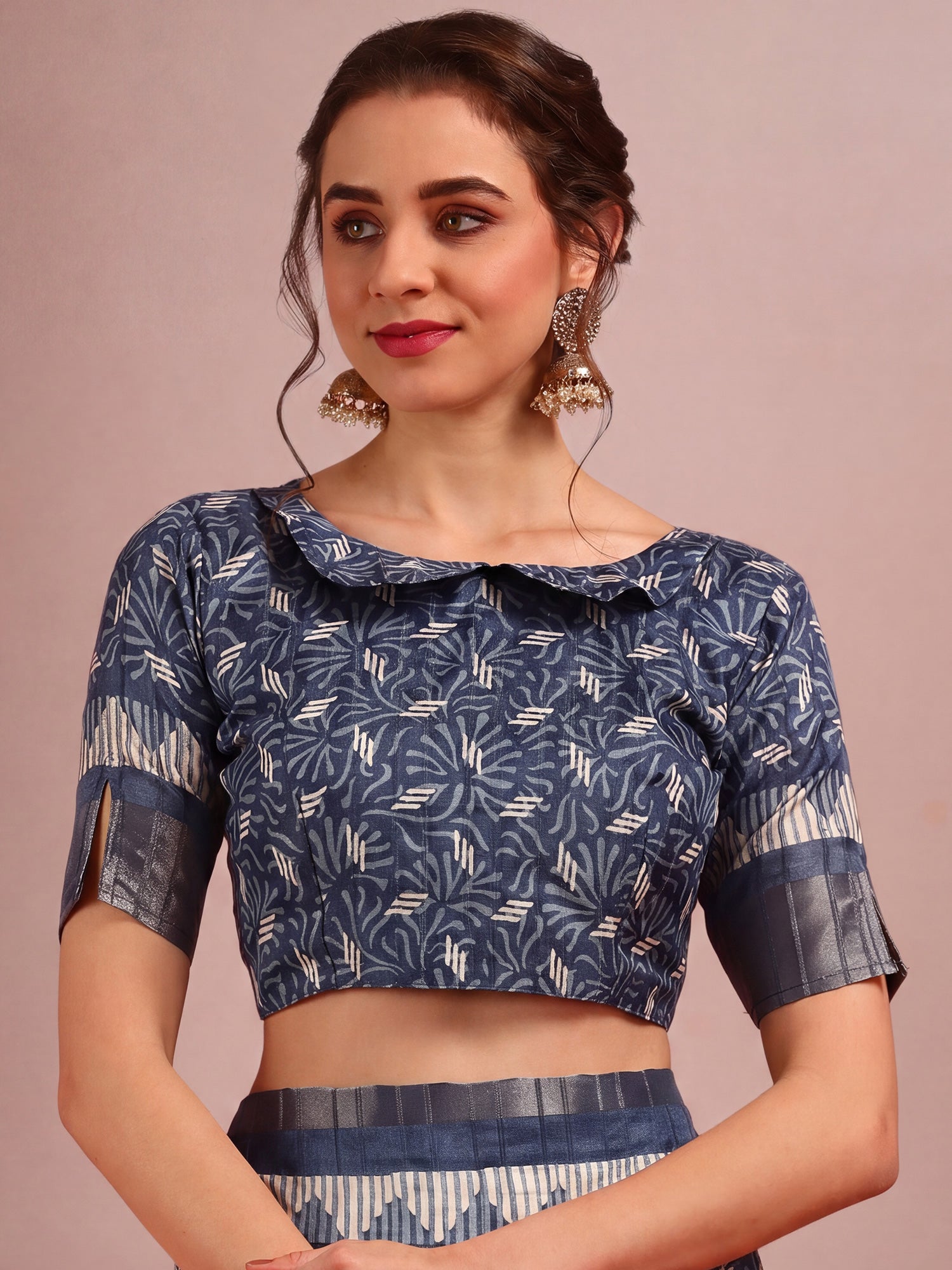 Unstitched navy blue cotton silk blouse piece with ethnic motif design