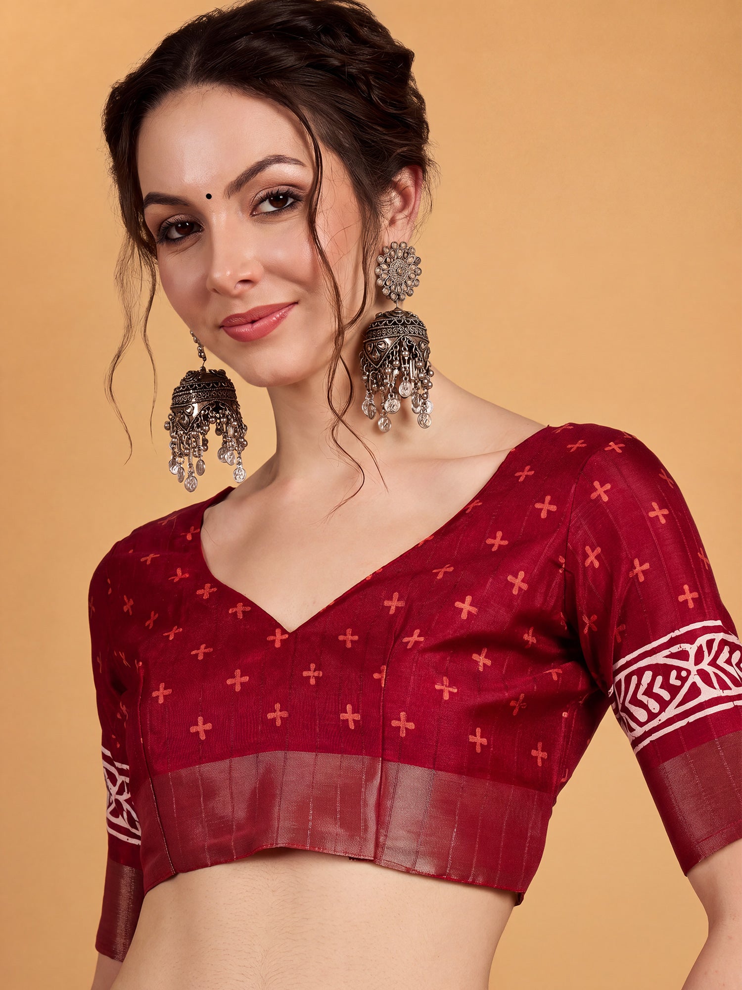 Unstitched red silk blend blouse piece with ethnic motif design
