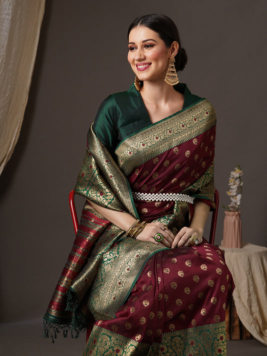 Banarasi Silk Saree | Maroon & Green with Gold Zari Weave