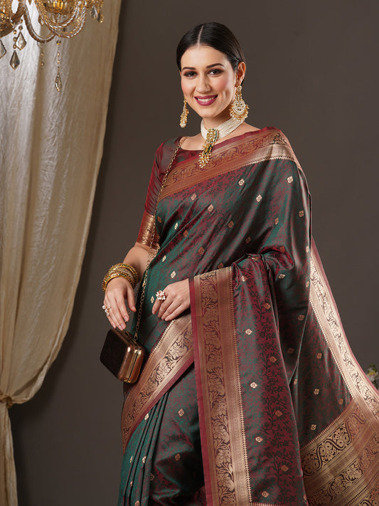 Banarasi Silk Saree with Multicolour Zari Booties.